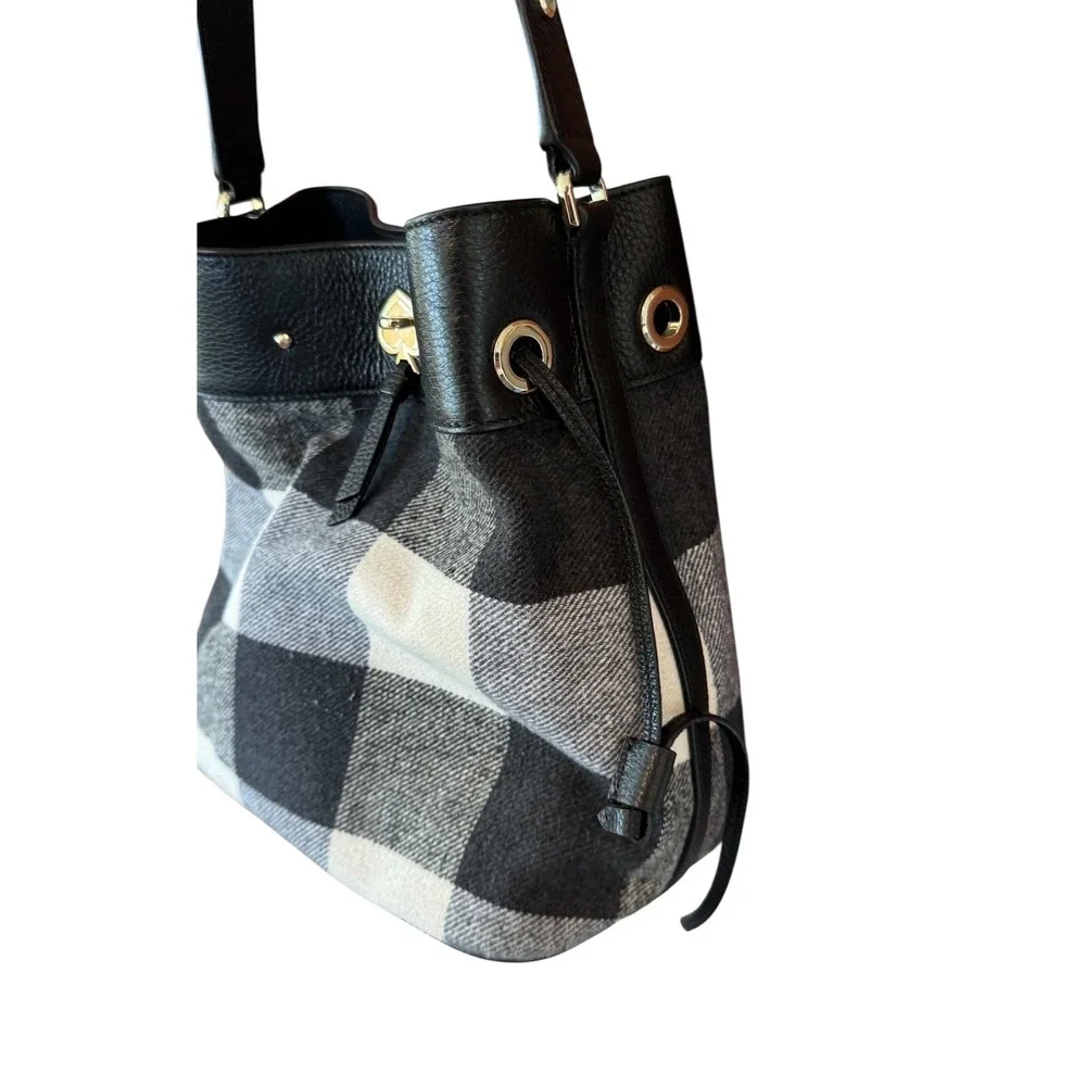 Kate Spade Marti Large Bucket Bag Buffalo Plaid Pebbled Leather Black White